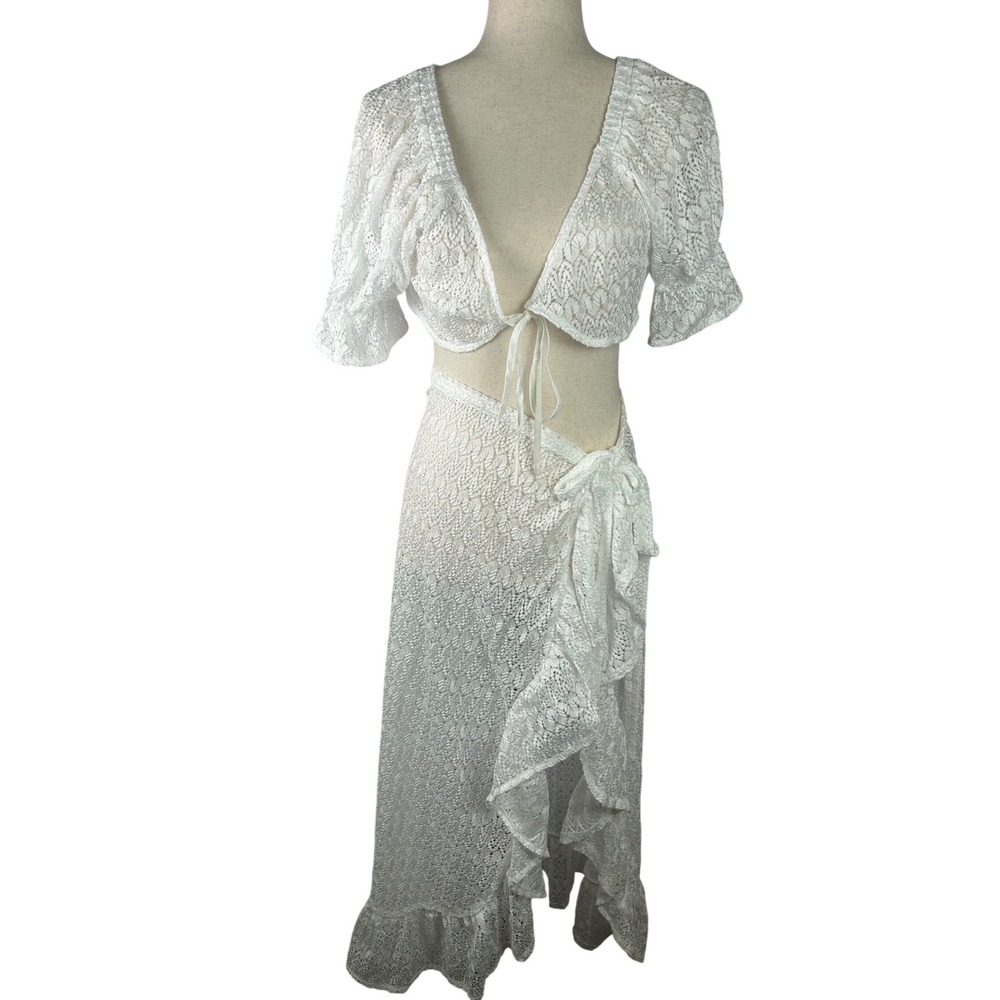 Cupshe Lace Two Piece Set Women Sz Large White Boho Beach Wrap Skirt Crop Top